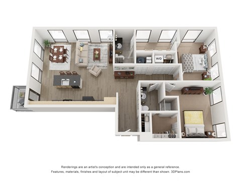 a stylized floor plan with a bedroom and living room